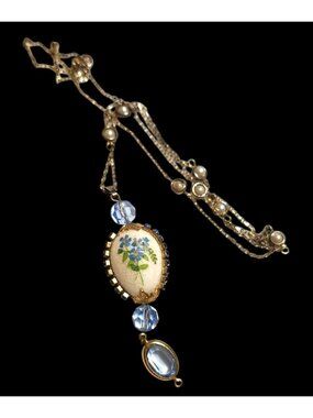 Floral Pendant Necklace Blue Crystal Beads Gold-Tone Details Victorian Revival